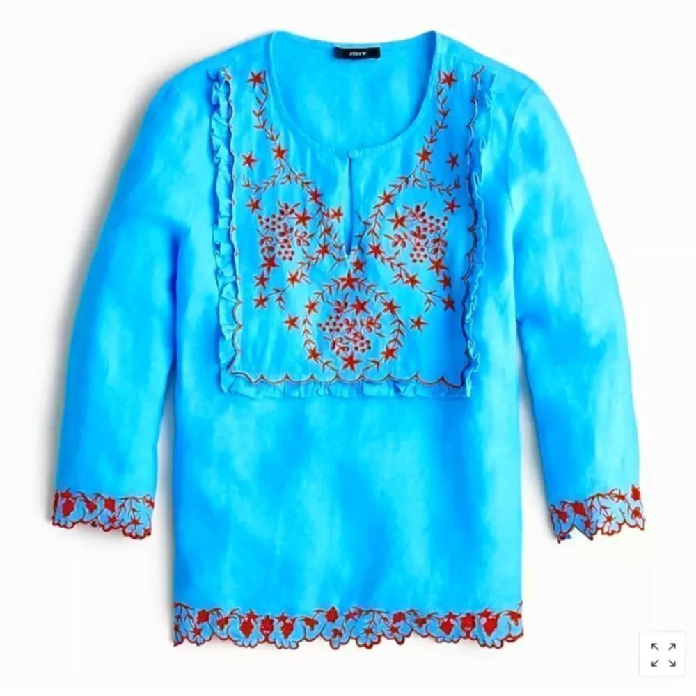 Jcrew light blue 100 % linen embroided blouse 3/4 sleevessize small
